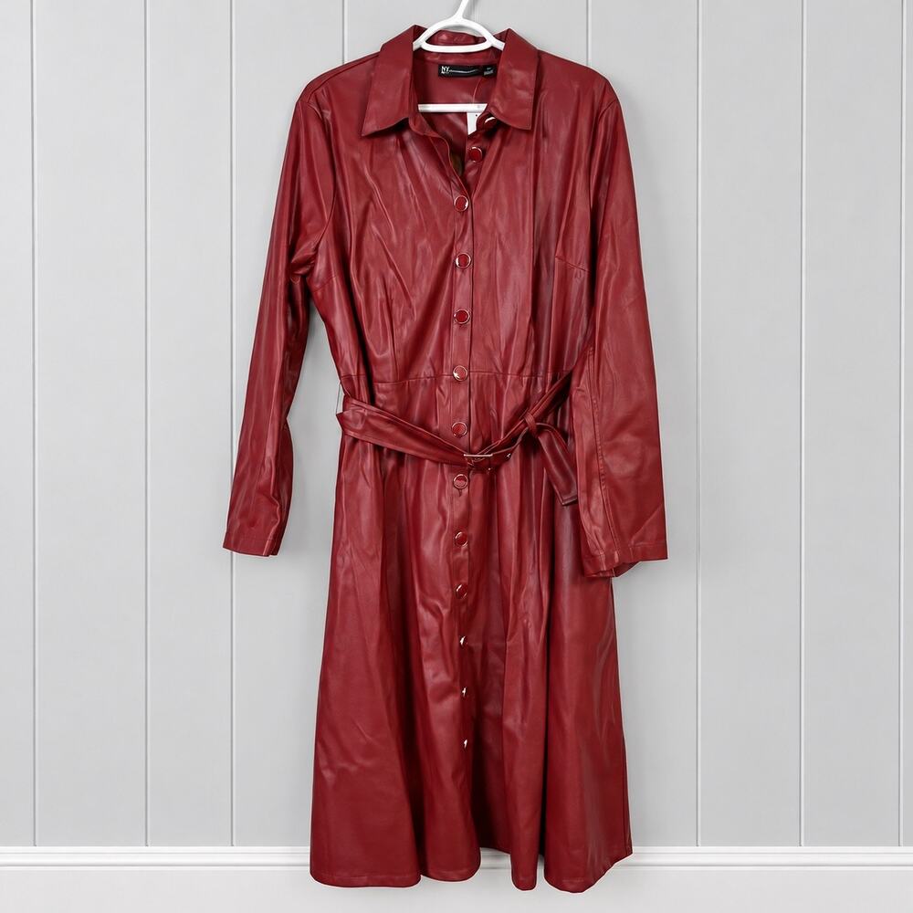 Faux Leather Belted Trench Coat Midi Dress Womens XL Burgandy New York & Co